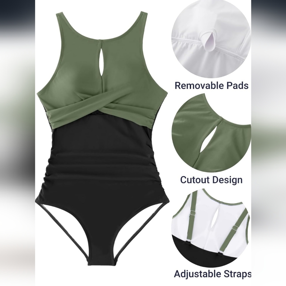 TEMPT ME Olive and Black Women's One-Piece Swimsuit - Picture 3 of 9